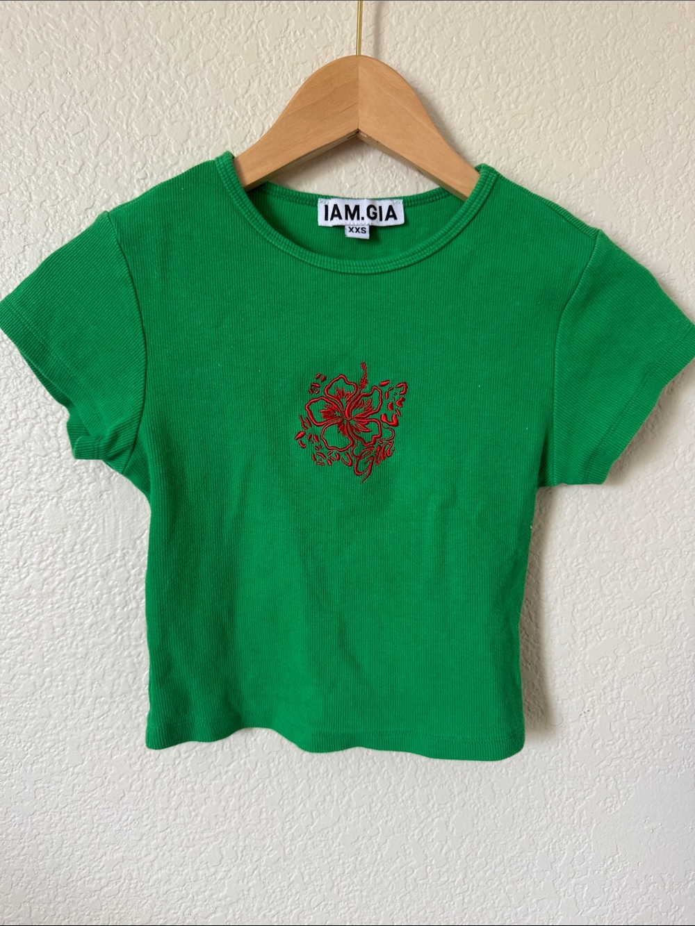 I.AM.GIA Green Ribbed Baby Tee with Red Floral Chest Embroidery